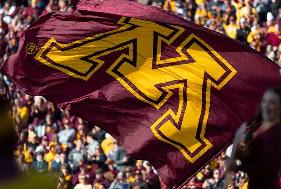 Flag with 'M' waving with fans in the background
