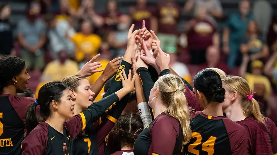 Female basketball players in a huddle on the court