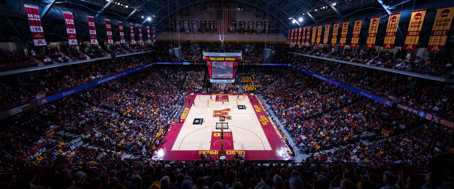 Aerial view of basketball court in full arena